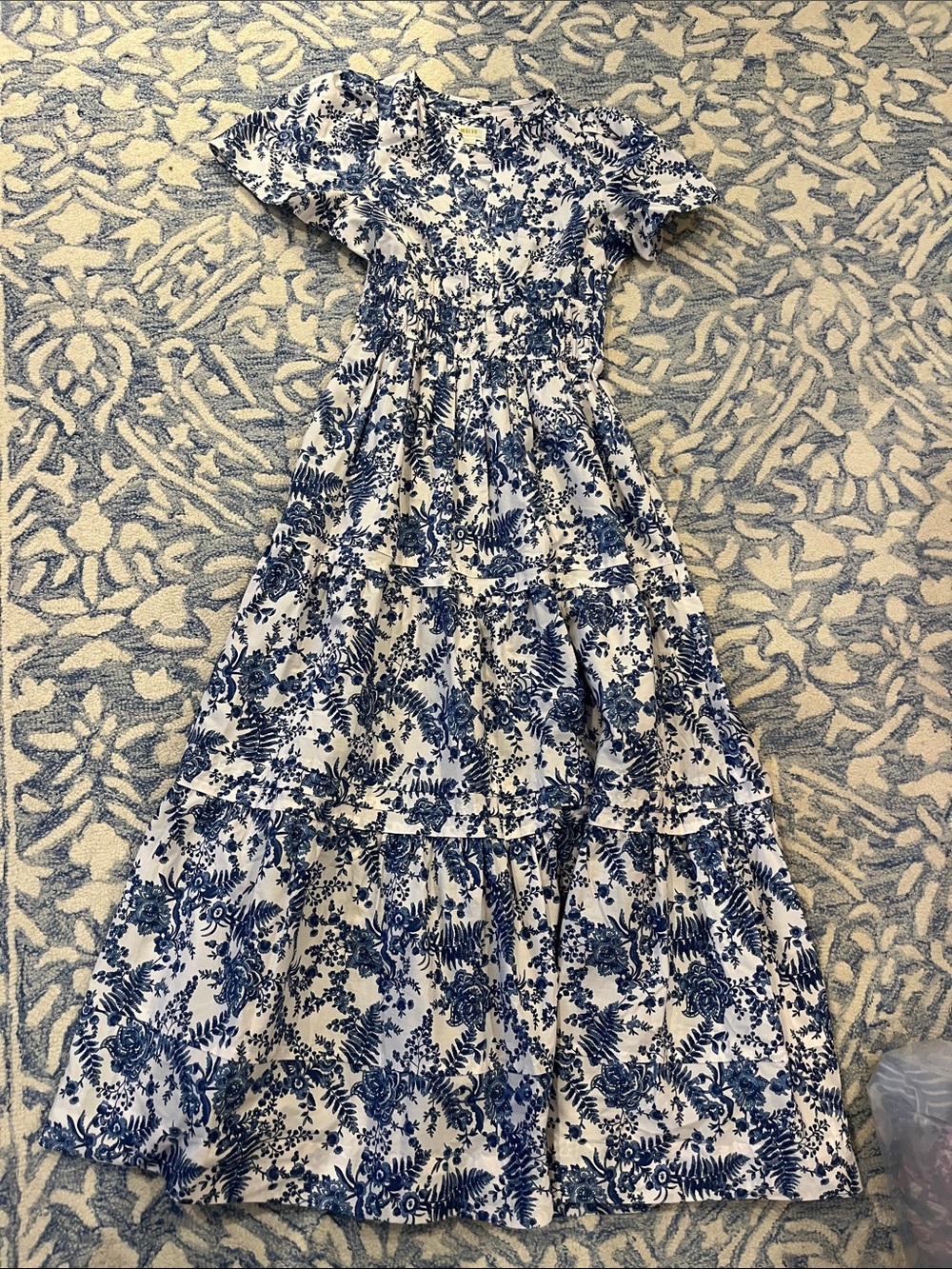 Women White and Blue Floral Tiered Maxi Dress